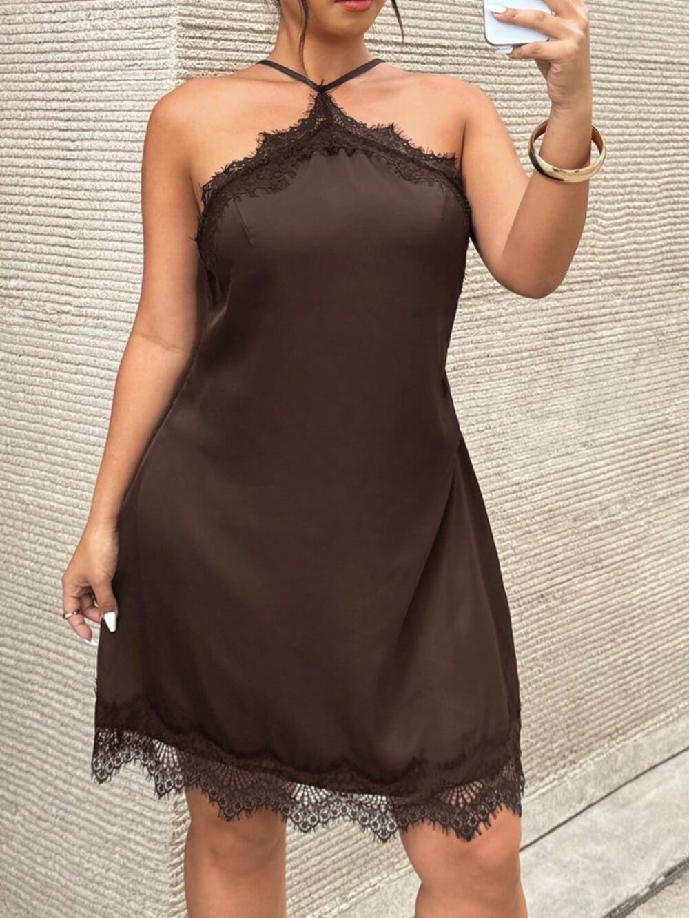 Brown Elegant Women's Plus Size Contrast Lace Halter Fitted Mini Dress - Picture 6 of 7
